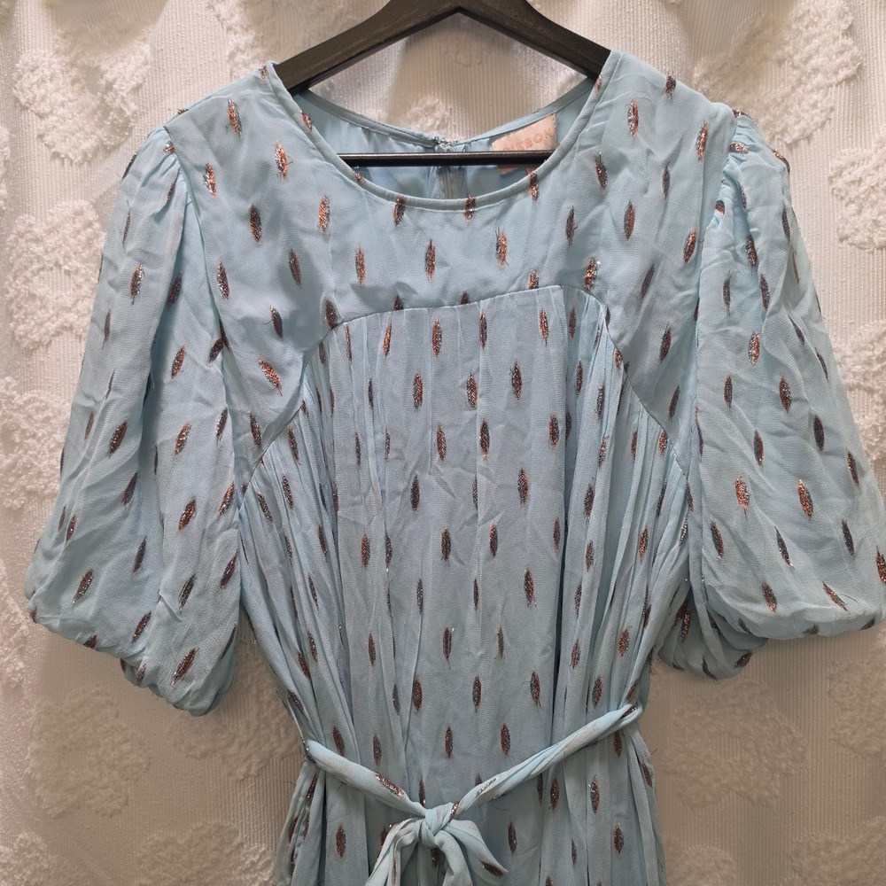 Ciebon Light Blue‎ Metallic Fil Coupe Maxi Dress Tiered Puff Sleeve Size Large